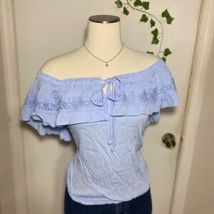 Light Blue Off-Shoulder Ruffle Women's Top with Tie-Design